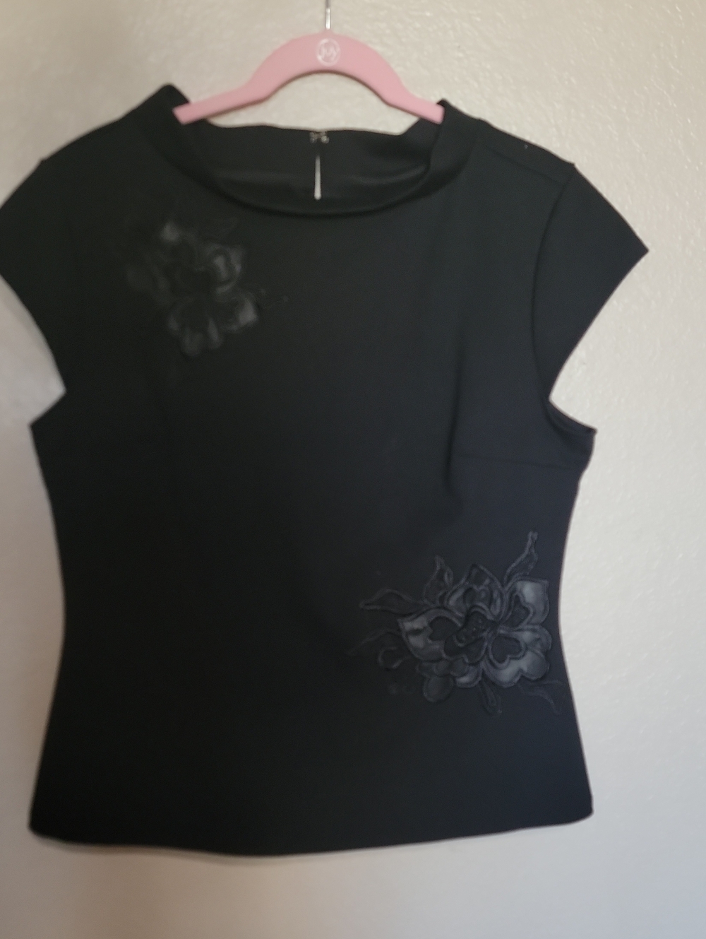 New York & Company Black Cap-Sleeve Top with Floral Appliqué